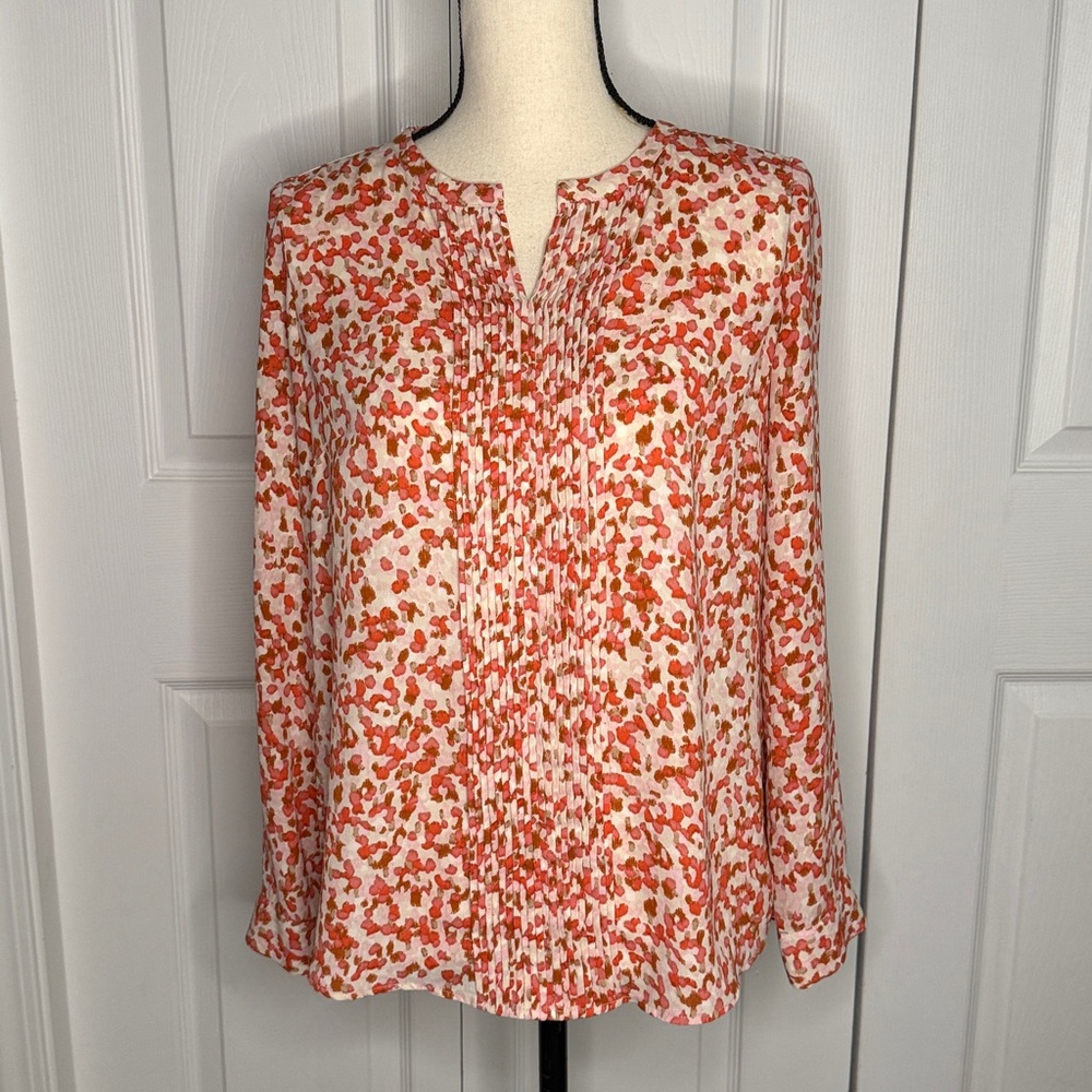 Talbots long‎ sleeve Flowy Orange multi color Patterned Blouse Petite Small